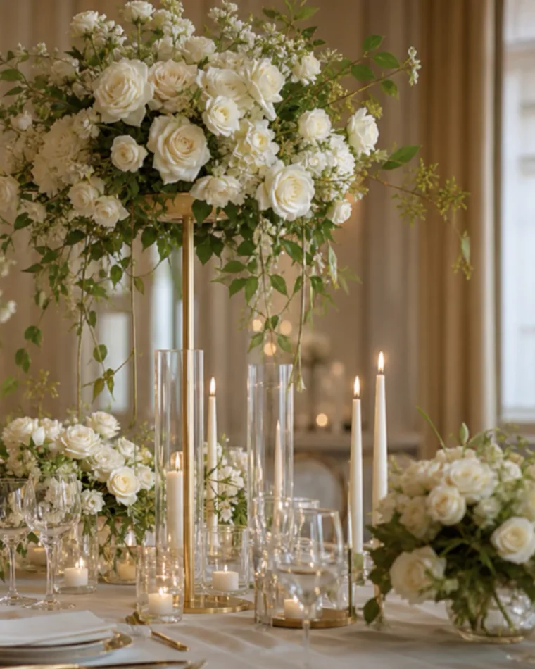 Ambientación de evento con flores blancas, velas y detalles dorados